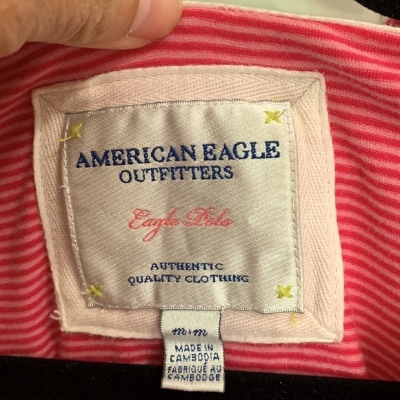 VINTAGE AMERICAN EAGLE OUTFITTERS PINK STRIPED POLO SHIRT SIZE MEDIUM - Picture 3 of 7
